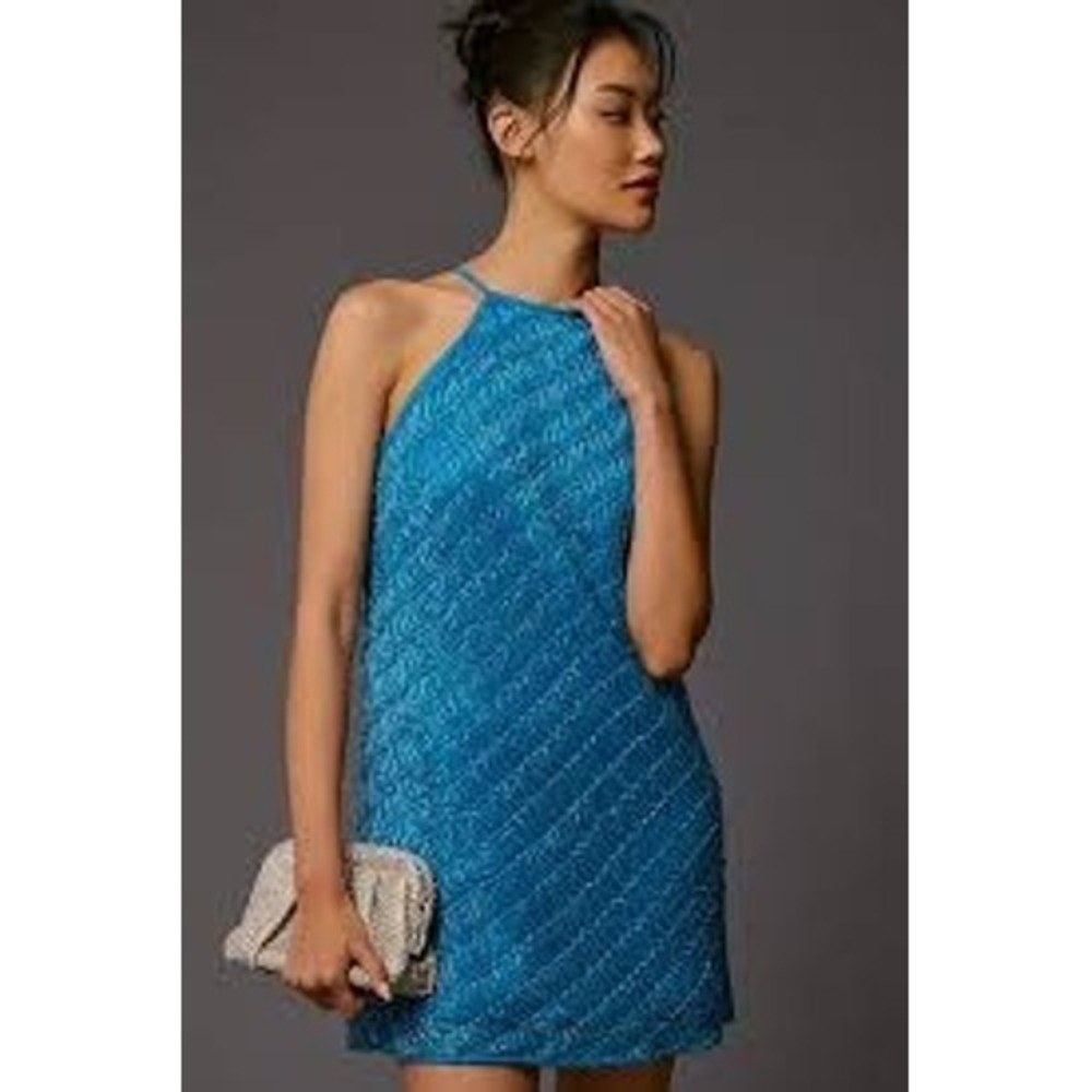 Let Me Be Women Dress XS Blue Beaded Halter Mini Sleeveless Shift Cocktail